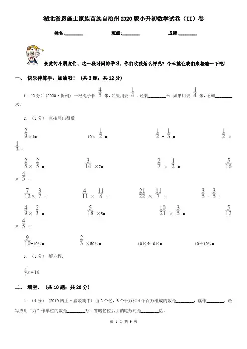 湖北省恩施土家族苗族自治州2020版小升初数学试卷(II)卷