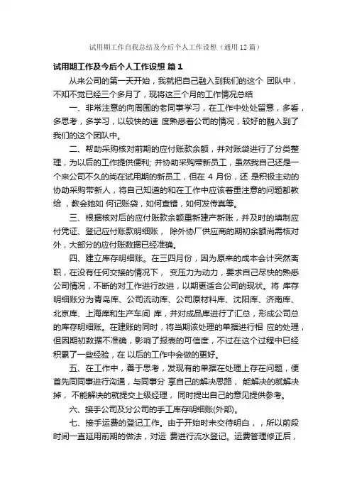 试用期工作自我总结及今后个人工作设想（通用12篇）