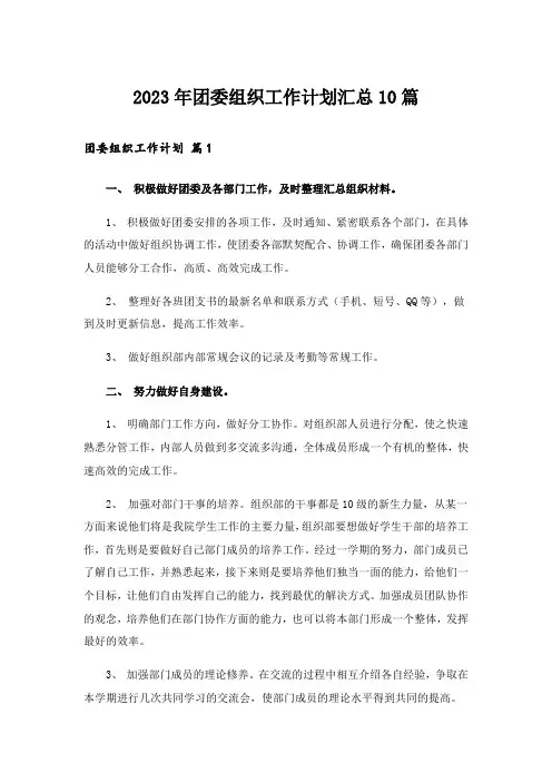 2023年团委组织工作计划汇总10篇