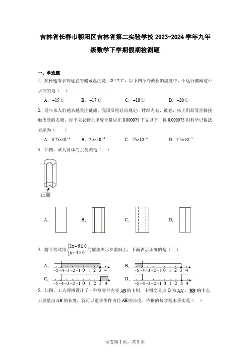吉林省长春市朝阳区吉林省第二实验学校2023-2024学年九年级数学下学期假期检测题