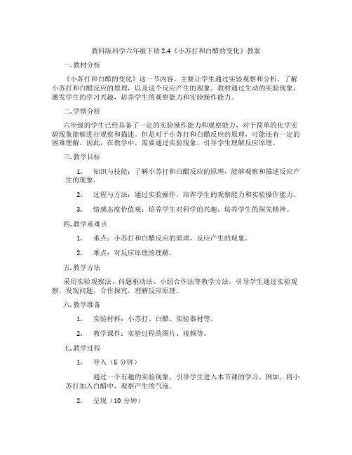 教科版科学六年级下册2.4《小苏打和白醋的变化》教案