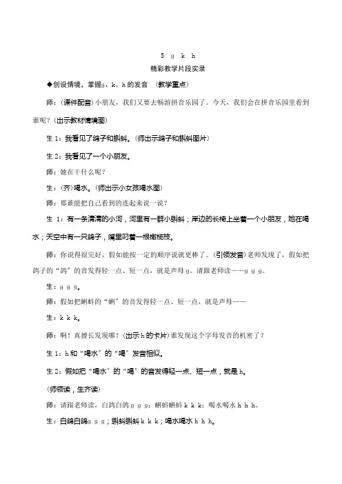 人教统编版小学语文一年级上册汉语拼音5《g k h》教学实录