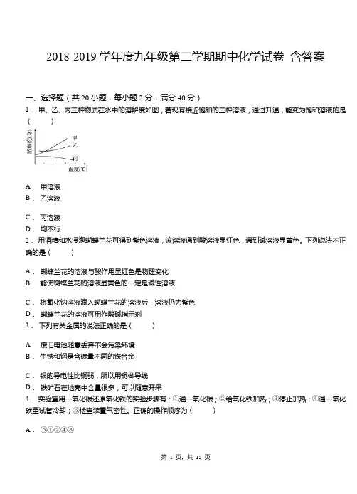 2018-2019学年度九年级第二学期期中化学试卷(解析版)