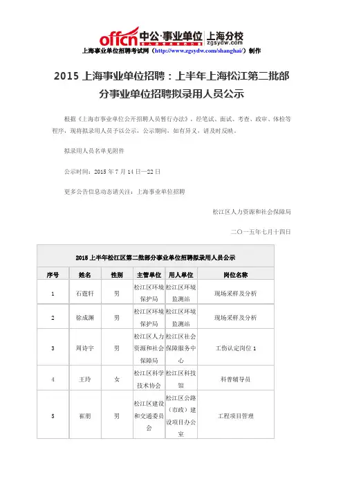 2015上海事业单位招聘：上半年上海松江第二批部分事业单位招聘拟录用人员公示
