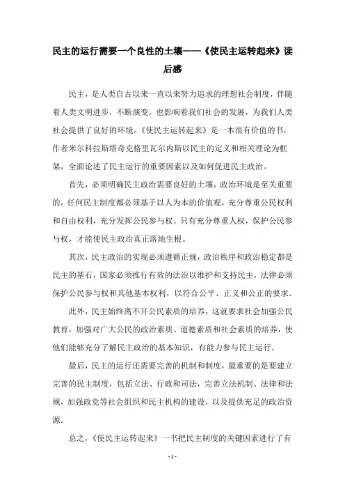 民主的运行需要一个良性的土壤——《使民主运转起来》读后感
