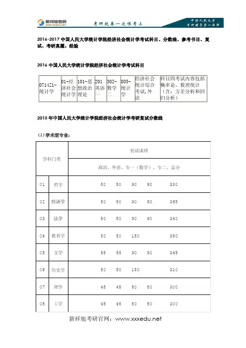 2016-2017中国人民大学统计学院经济社会统计学考试科目、分数线、参考书目、复试、考研真题、经验