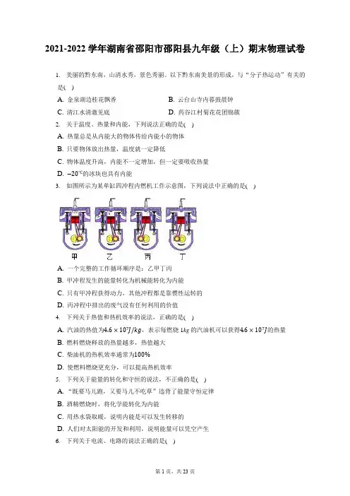 2021-2022学年湖南省邵阳市邵阳县九年级(上)期末物理试卷(含详细答案解析)