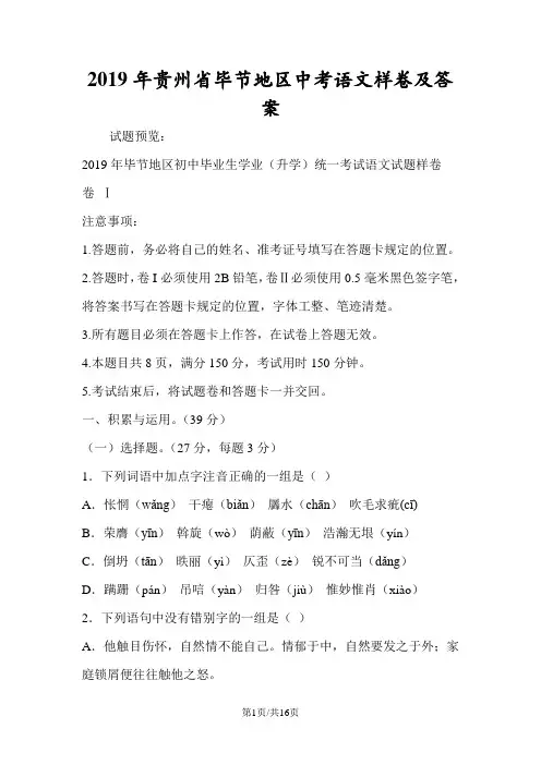 贵州省毕节地区中考语文样卷及答案