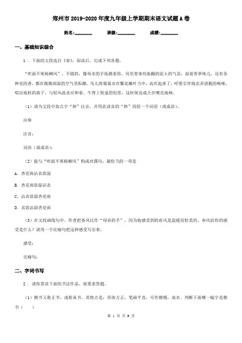 郑州市2019-2020年度九年级上学期期末语文试题A卷
