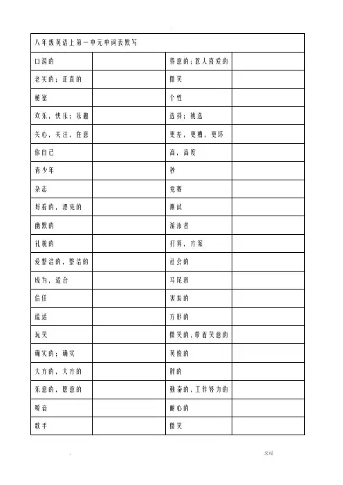 译林版八年级上册英语单词中文默写