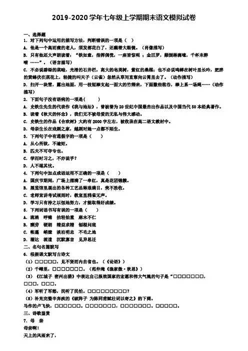 新疆乌鲁木齐市2019-2020学年七上语文期末检测试题