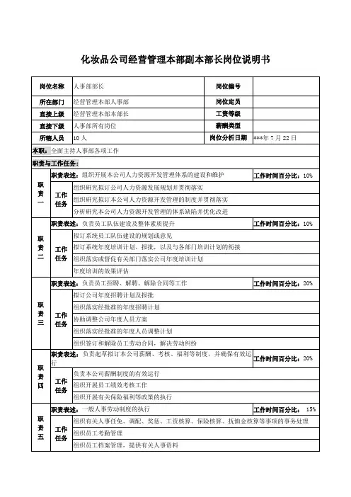 化妆品公司经营管理本部副本部长岗位说明书
