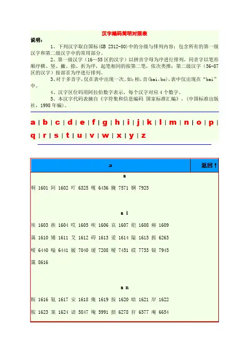 汉字编码简明对照表