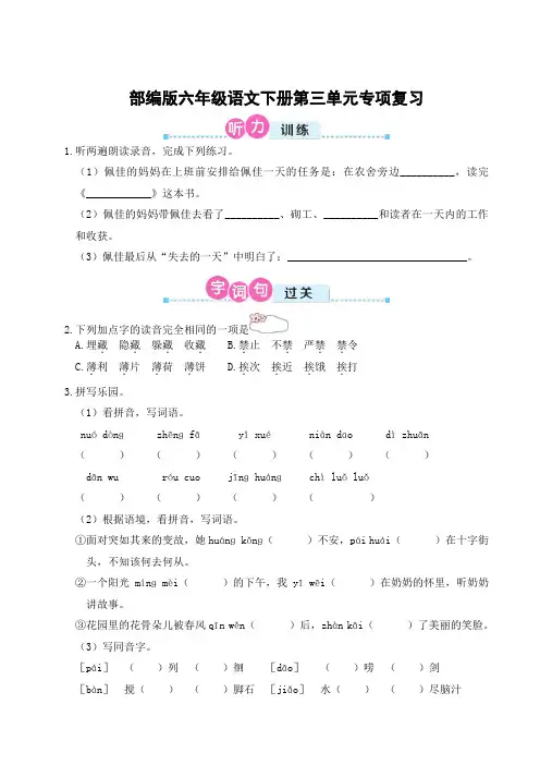 部编版六年级语文下册第三单元专项复习 附答案