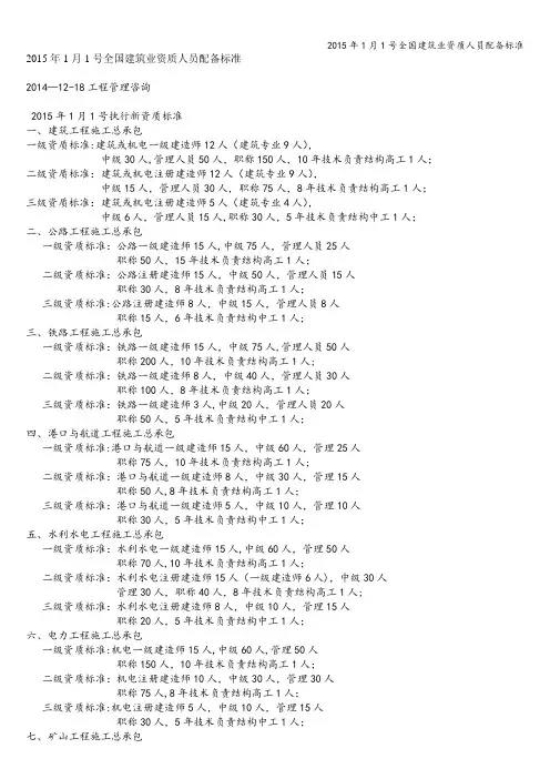 2015年1月1号全国建筑业资质人员配备标准