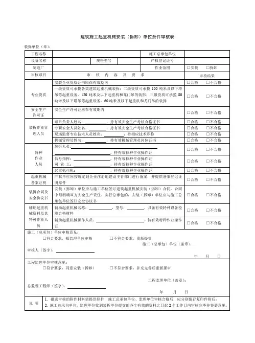 建筑施工起重机械安装(拆卸)单位条件审核表