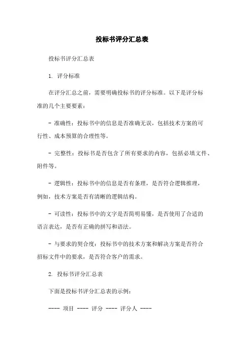 投标书评分汇总表