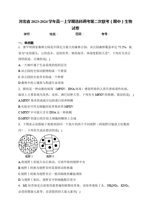 河北省2023-2024学年高一上学期选科调考第二次联考(期中)生物试卷(含答案)