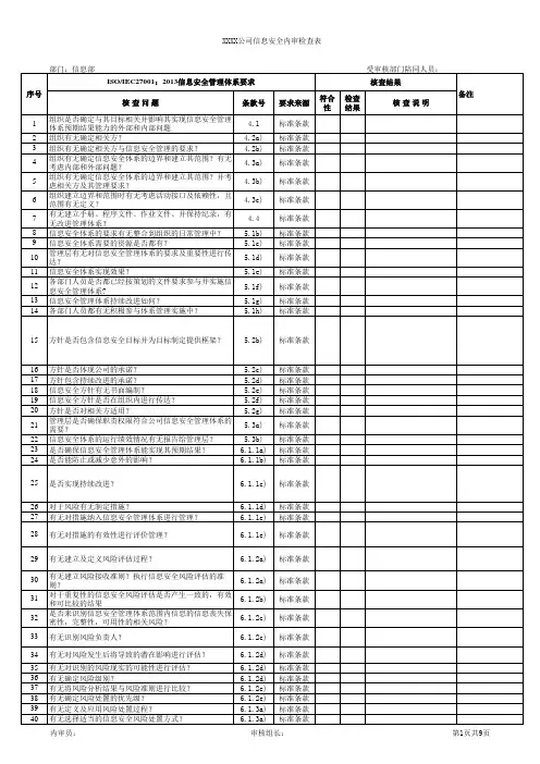 ISO27001 2013信息安全ISMS内审检查表(标准条款+安全策略)-各部门全条款