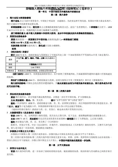 2021年部编版人教版八年级历史上册复习提纲笔记归纳(背多分)