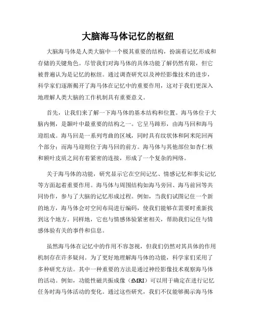 大脑海马体记忆的枢纽