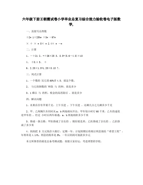 六年级下册王朝霞试卷小学毕业总复习综合能力验收卷电子版数学,