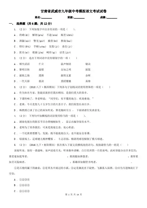 甘肃省武威市九年级中考模拟语文考试试卷