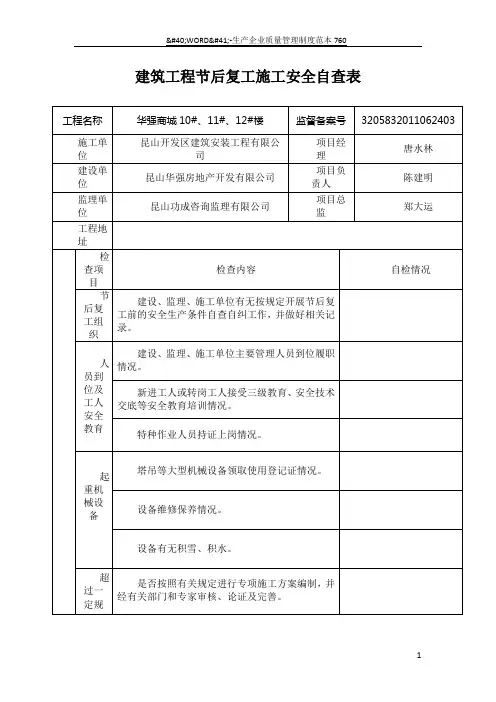 房屋建筑工程节后复工施工安全自查表
