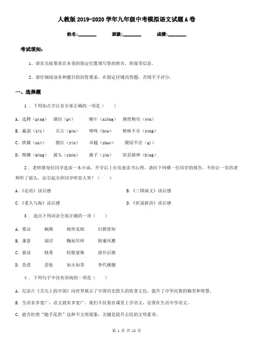 人教版2019-2020学年九年级中考模拟语文试题A卷