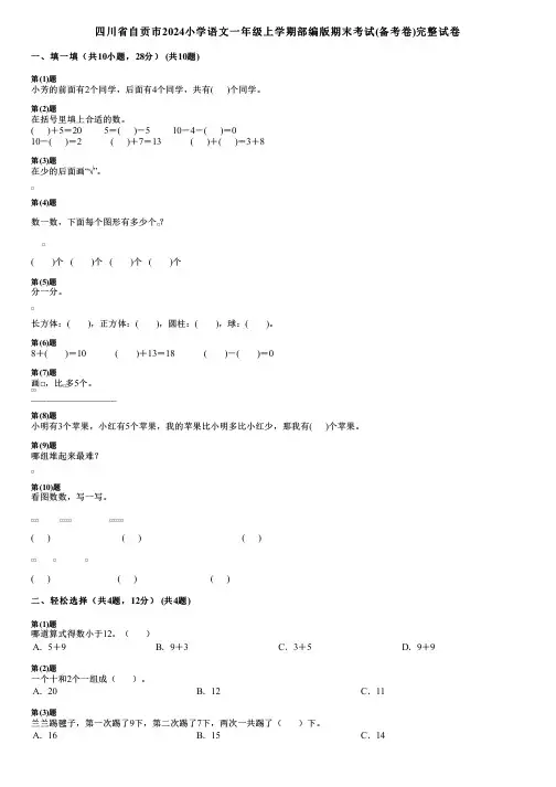 四川省自贡市2024小学数学一年级上学期部编版期末考试(备考卷)完整试卷