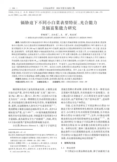 镉胁迫下不同小白菜表型特征、光合能力及镉富集能力研究
