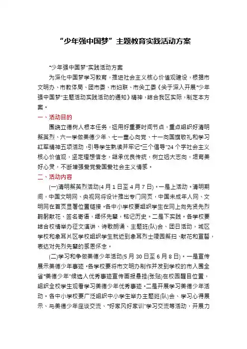 “少年强中国梦”主题教育实践活动方案