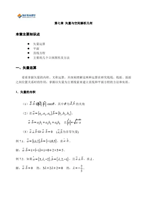 江苏省专转本高等数学第七章矢量与解析几何核心知识点例题讲解(含答案)