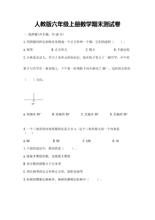 人教版六年级上册数学期末测试卷附完整答案【易错题】