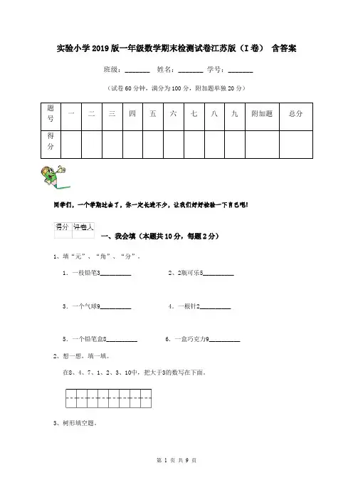 实验小学2019版一年级数学期末检测试卷江苏版(I卷) 含答案