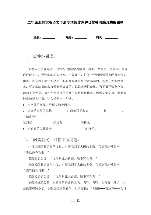 二年级北师大版语文下册专项阅读理解日常针对练习精编题型
