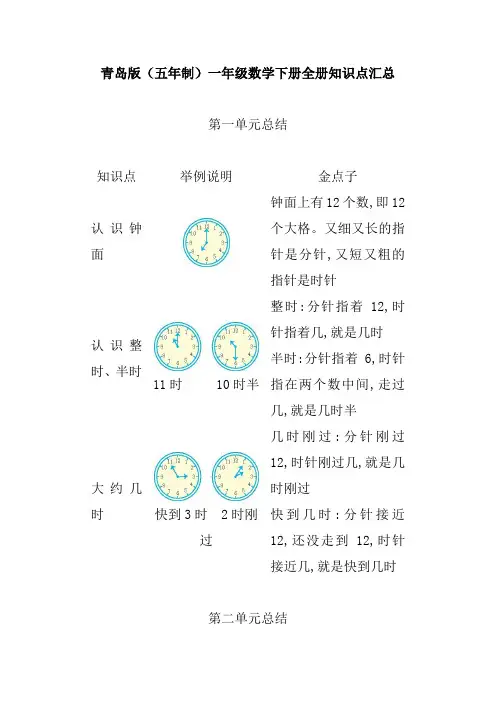 青岛版五年制一年级数学下册全册知识点汇总