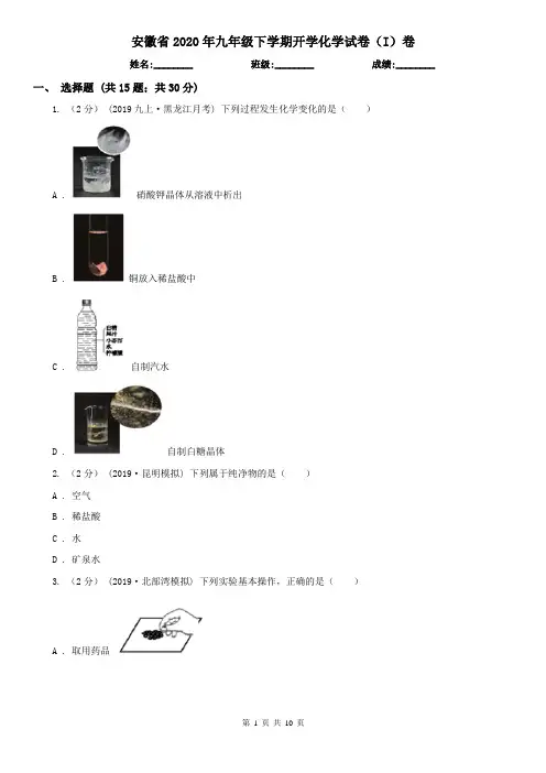 安徽省2020年九年级下学期开学化学试卷(I)卷