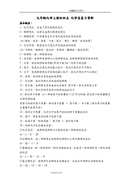 九年级化学(上册)知识点化学总复习资料全