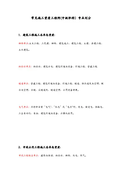 常见施工资质中工程师(中级职称)专业划分表
