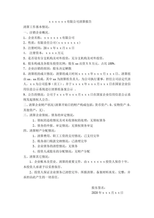 清算报告及股东决定模板(一人股东)