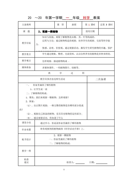 教科版一年级科学上册《观察一棵植物》教案学设计