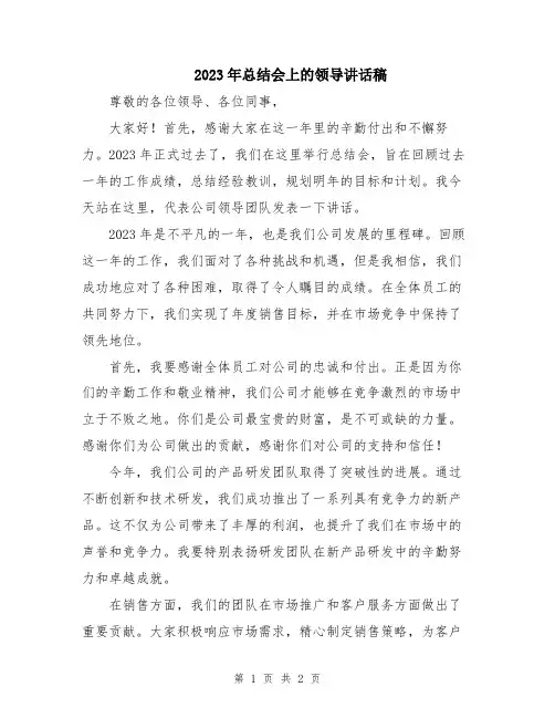 2023年总结会上的领导讲话稿