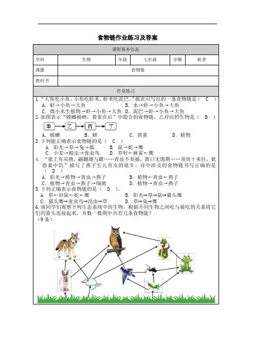 食物链作业练习及答案