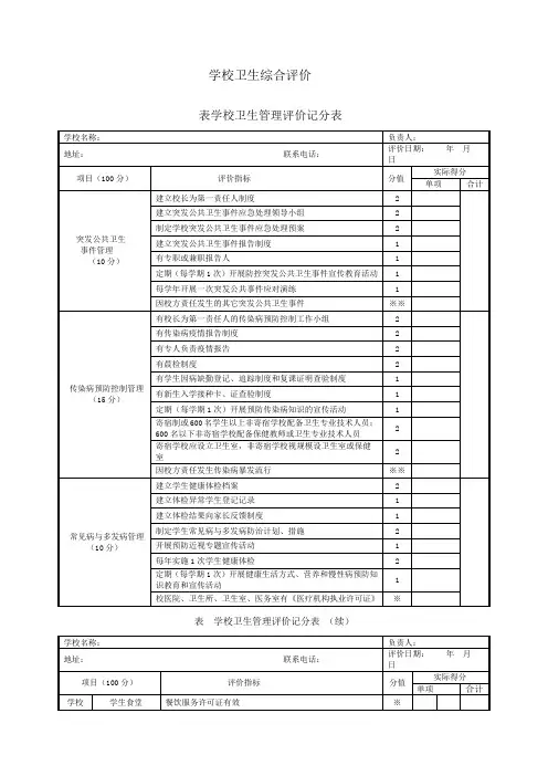 学校卫生综合评价表