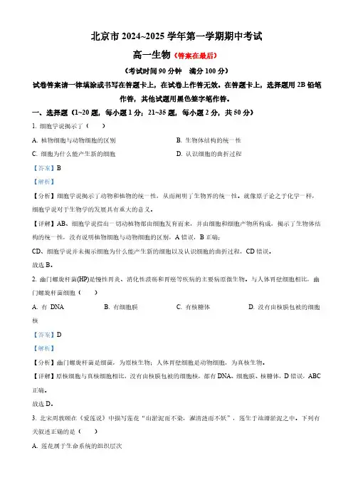 北京市2024-2025学年高一上学期期中考试生物试题含答案