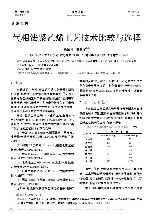 气相法聚乙烯工艺技术比较与选择