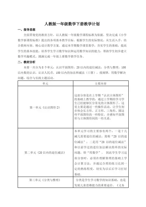 人教版(一)年级下学期数学教学计划及进度表