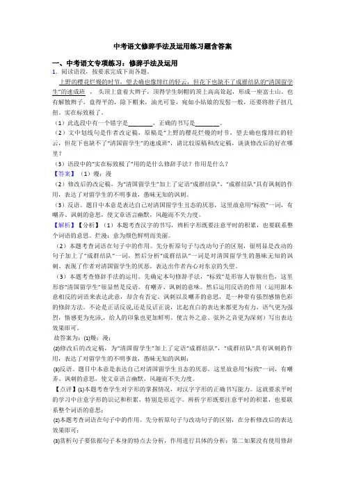 中考语文修辞手法及运用练习题含答案