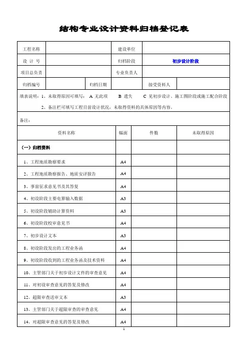 结构技术资料归档登记表